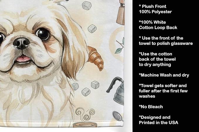 Caroline's Treasures Cream Pekingese Coffee Bar Kitchen Towel Velour Plush Front and Cotton Loop Back Machine Washable
