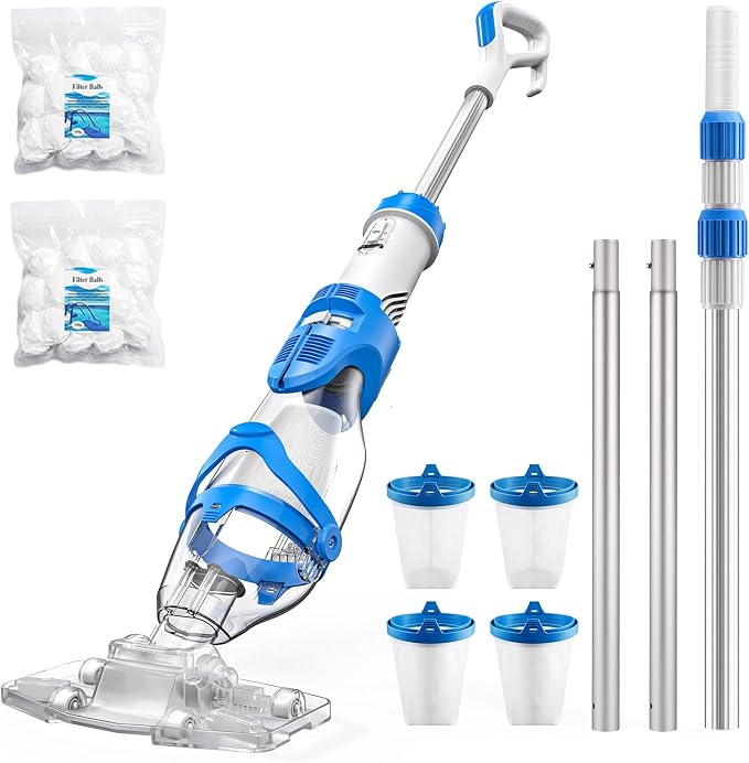 Consciot Upgraded Pool Vacuum for Above Ground & Inground Pool, 75-Min Runtime, 113" (9.4FT) Telescopic Pole, 22 GPM Suction, 2L Capacity, 4 Filters; Ideal for Spa, Hot Tub & Pool Stairs