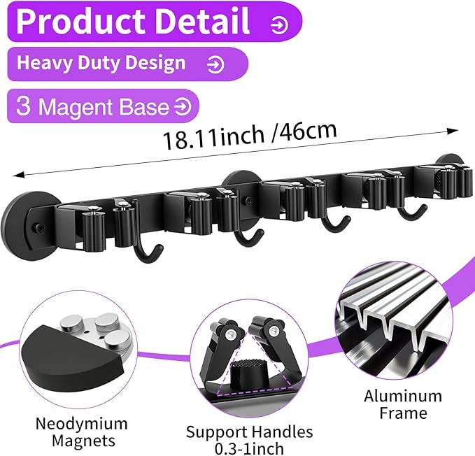 Magnetic Broom Holder Wall Mount - Heavy Duty Non-Slip Mop Hanger with 4 Hooks And 5 Rack, No Drill Tool Organizer for Refrigerator,Garage,Laundry Room (Black, 5Racks 4Hooks)