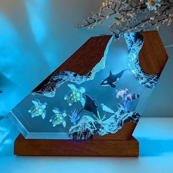Killer Whale Ocean Resin Lamp, Handmade RGB Ocean Lamp with Wooden Base,Resin Art Lamp for Home Office Decor,Ocean Gifts for Women or Men,Unique Birthday Holiday Gifts for Mom Dad (M 8”x5)