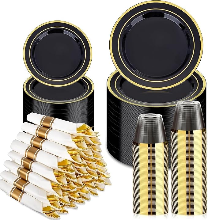 BESTVIP 350PCS Black Gold Dinnerware Set for 50 Guests, Plastic Plates for Halloween Party and Christmas, 50 Disposable Plates, 50 Dessert Plates, 50 Cups, 50 Spoons, 50 Forks and 100 Knives