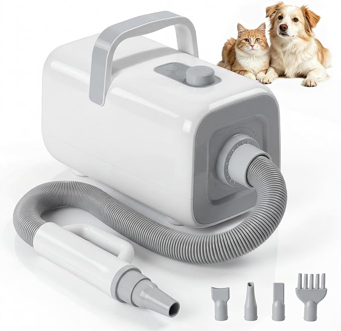 DUMOS Pet Grooming Blow Dryer, Low Noise Dog Hair Dryer with Adjustable Wind Speed & Heater Temperature, Cool-Warm-Hot Cycle Mode, 4 Nozzles, 6.5 FT Cord, White
