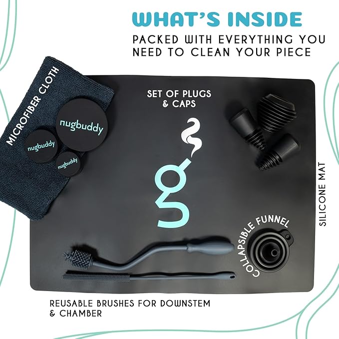 nugbuddy Glass Cleaning Kit - Reusable Silicone Accessories - Complete Kit to Clean your Piece, Just Add Cleaner - Reusable Soaker Bag, Brushes, Mat, Caps & Plugs, Funnel, & Microfiber Towel