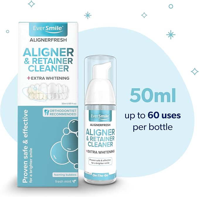 EverSmile AlignerFresh Extra Whitening Foam – Cleaner Compatible w/Invisalign and All Clear Aligners and Retainers – Eliminates Bacteria, Whitens Teeth, Fights Bad Breath – 50ml (2 Pack)