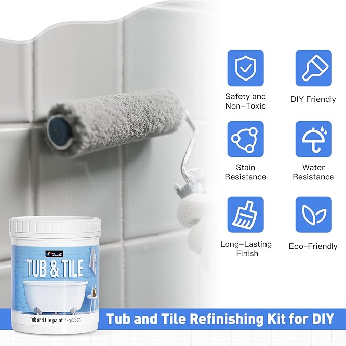DWIL Tile Paint, Tub and Tile Refinishing Kit with Tools, Bathtub Paint, Water Based &Low Odor, Easy to Use for Bathroom Kitchen,Semi-Gloss Light Grey