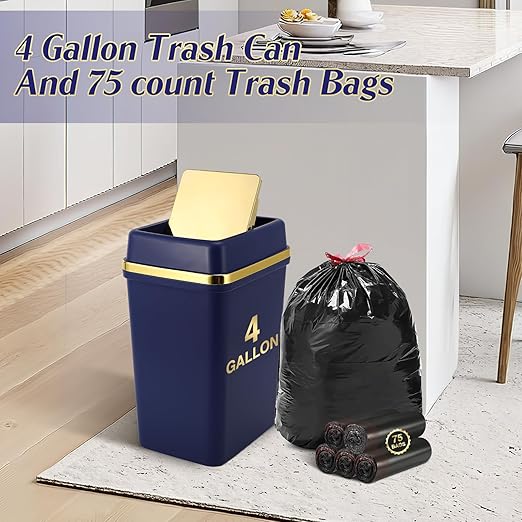 Bathroom Trash Can with Lid 4 Gallon Trash Can with Swing Lid Navy Blue Small Garbage Can Bathroom Garbage Can with 300 Counts Trash Bags for Kitchen Bedroom Office