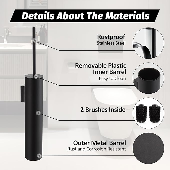 BGL Toilet Brush and Holder Set Matte Black Wall Mounted for Bathroom Round Design