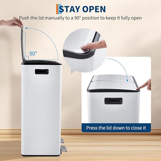 Garvee Dual Trash Can, 16 Gal (2 x 30 l) Stainless Steel Kitchen Garbage Can with Lid and Inner Bucket, Double Compartment Trash and Recycle Bin Combo with Step Pedal for Home Office, White