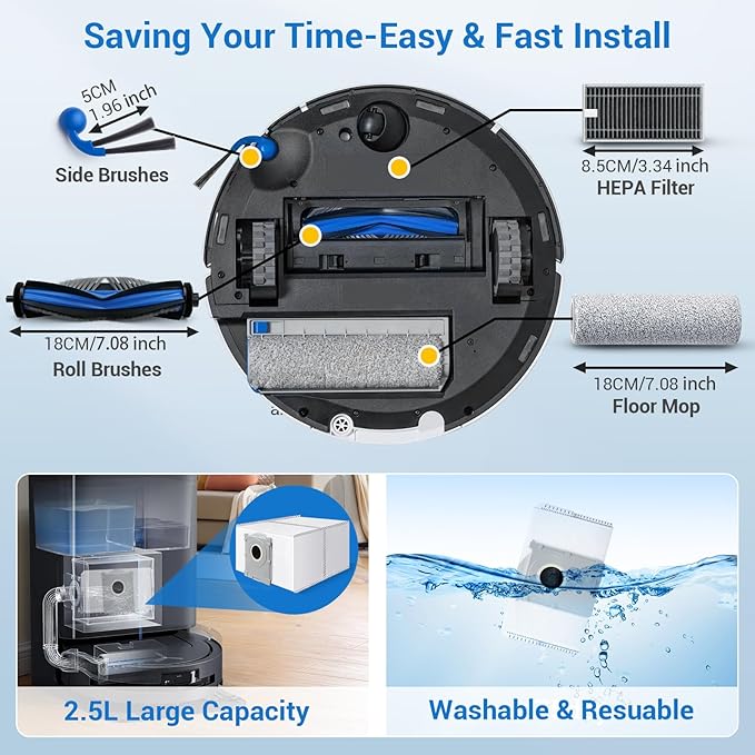 T80 Omni Replacement Parts for Ecovacs Deebot T80 Omni T80 for Yeedi M14 Plus Robotic Vacuum Cleaner Parts with 1 Roller,1 Mop,4 HEAP,6 Dust Bag,6 Side Brush,1 Clean Brush Accessories
