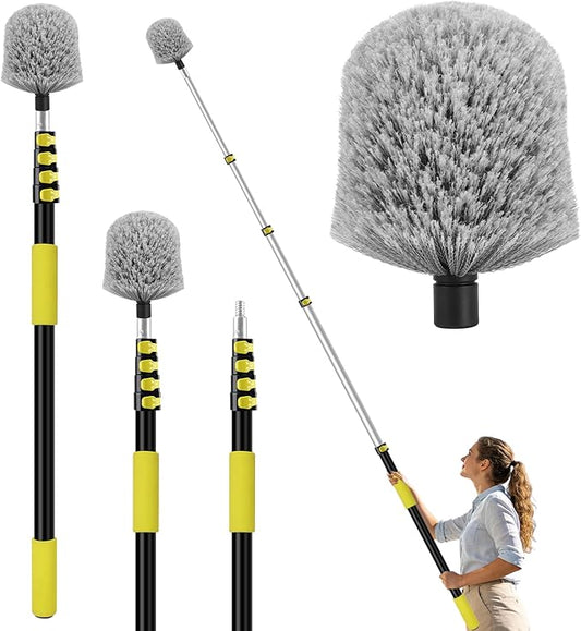 20FT High Reach Cobweb Duster with Extension Pole, Spider Web Brush for Cleaning with 3-12FT Telescopic Pole, 8" Larger Extendable Duster for High Indoor & Outdoor Webs