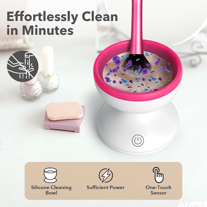 Alyfini Makeup Brush Cleaner Machine + Cleanser Solution Combo, Powerful for Tough Residue on Make Up Brushes/Sponges/Puffs