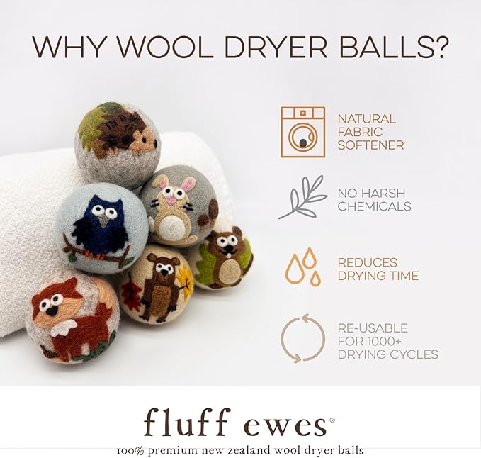 Fluff Ewes Premium Handmade New Zealand Reusable Wool Dryer Balls for Laundry & Baby + Ewe Dew Home Fragrance Aromatherapy Dryer Ball Essential Oil Blend, 2 Pack, Hedgehog & Homies 6 Pack + Cottontail