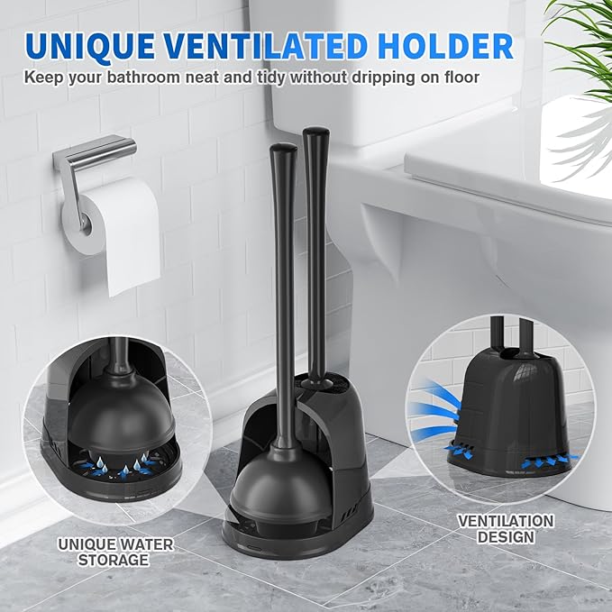 LOVLOY Toilet Plunger and Brush,2 Pack Bowl Brush and Heavy Duty Toilet Plunger Set with Ventilated Holder, 2-in-1 Toilet Brush and Plunger Combo for 5.3-inch Toilet Drain Bathroom Cleaning