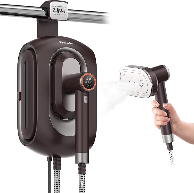 Newbealer 2In1 Pro Station Iron, 1550W Turbo Steam, 1.2L Tank (Brown) | Hanging Garment Steamer, 3-Level Steam & 3 Dry Ironing, 30s Heat Up, Self Clean, Auto-Off, Versatile for Home/Hotel/Boutique