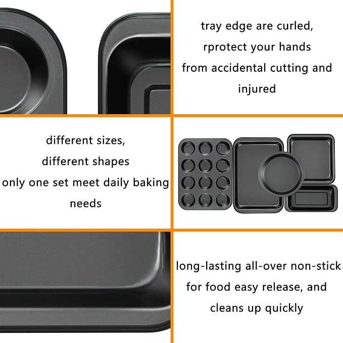 mobzio Kitchen 5-Piece Nonstick Bakeware Set - Round/Square Cake Pans, Muffin Pan, Loaf Pan, Roast Pan & Baking Sheets