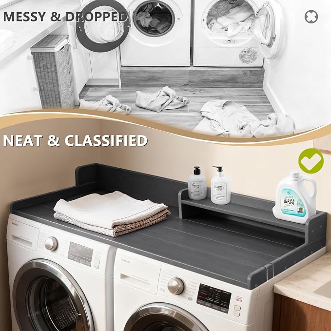 Washer Dryer Countertop, HDPE Laundry Countertop with Storage Shelf and Edge Rails-Grey