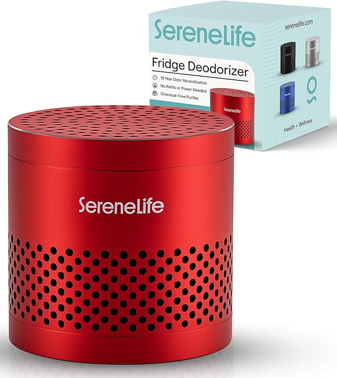 SereneLife Fridge Deodorizer & Odor Eliminator, Multi-Use Refrigerator Deodorizer Aluminum Pod for Freezer, Closet, Car, Shoes & Enclosed Spaces, Compact, Reusable & Lasts Up to 10 Years (Red)