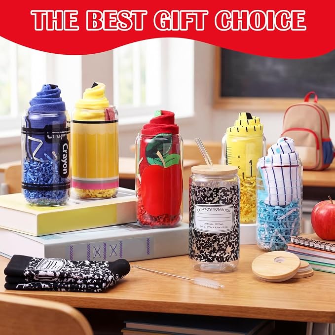 Newcotte 6 Sets Back to School Teacher Gifts Bulk 16 oz Glass Cups with Lids Straws Novelty Socks First Day of School Appreciation Gift for Women Teachers Classroom Party Supplies