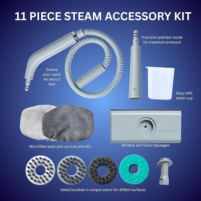 SALAV® CleanSteam Compact Steam Cleaner Pressurized Multi-Surface Handheld Steamer w/11pc Accessories, Safety Lock No-Drip Fast Heat Time Unlimited Use, for Cleaning Windows, Tiles, Grout, Car (Navy)