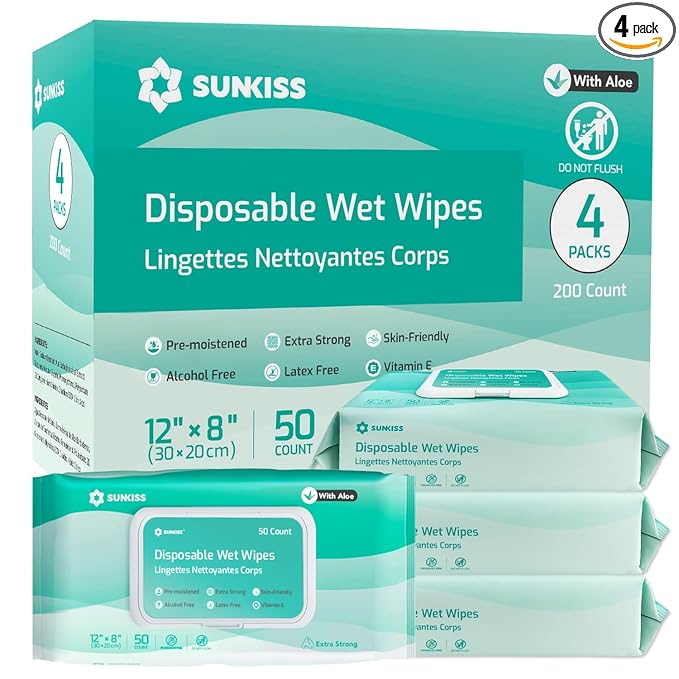 SUNKISS Trustplus Wet Wipes for Adult No Rinse, Extra Large 8”x12” Body Cleaning Washcloths for Elderly Incontinence & Cleansing, Unscented, 200 Count (4 Packs of 50)