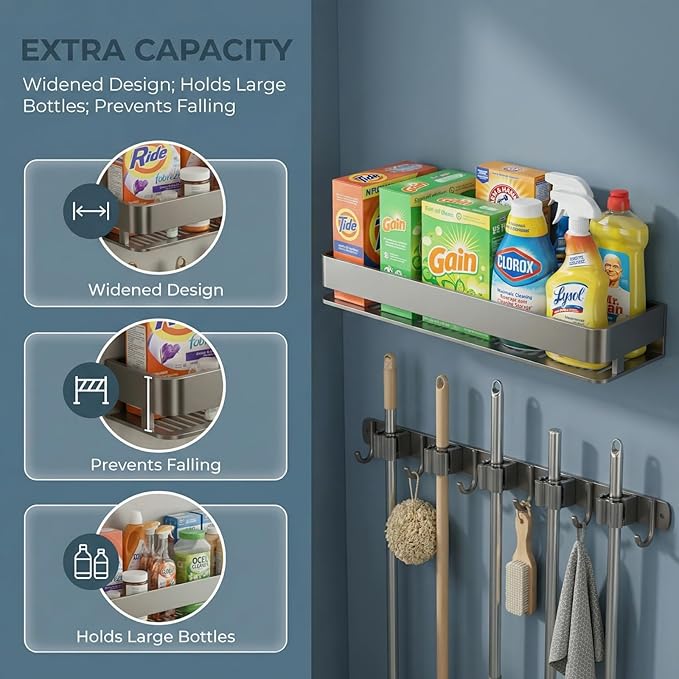 Wall Mount Organizer with Heavy-Duty Hooks and Sturdy Shelf - Holds Brooms, Mops, Vacuums & Cleaning Supplies. Perfect for Laundry Room Organization, Garage Storage, and Closet Shelving（24 inches）