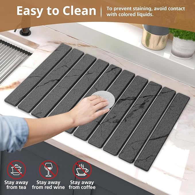 2 PCS Large Stone Dish Drying Mat for Kitchen Counter, Marbled Quick Dry Stone Dish Mats, Diatomaceous Earth Drying Pad, Foldable and Super Absorbent Dish Drying Stone Mat (Dark Gray 24"×16" & 8"×4")