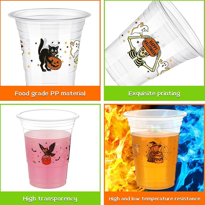 Eaasty 100 Pcs 12 oz Vintage Halloween Disposable Plastic Cups Retro Witch Cat Pumpkin Ghost Owl Skeleton Cups for Beverage Ice Cream Snacks Party Supplies Decoration