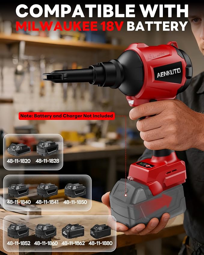 Cordless Compressed Air Duster & Blower Compatible with Milwaukee 18V Battery Brushless Handheld Dust Air Blower, 3-Speed Control, 7-in-1 Nozzles, Portable Inflatable Pump for Camping (No Battery)