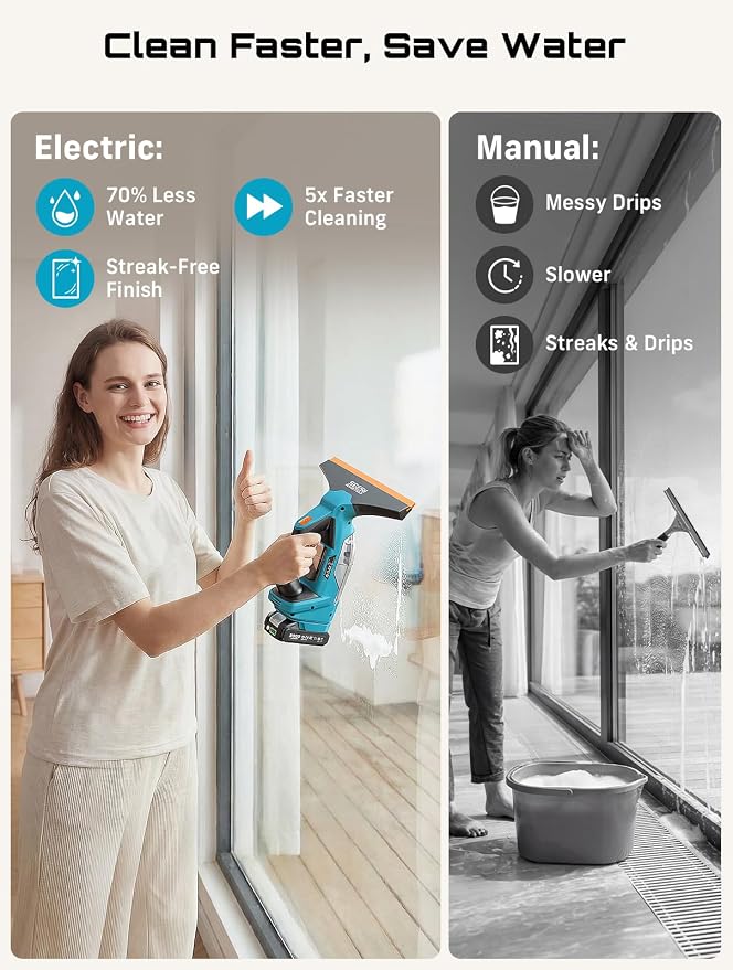 SEESII Cordless Window Vacuum Squeegee, 2000Pa Electric Window Squeegee, 60Mins Battery Life with 11" and 6.7" Squeegees for Mirrors, Glass, Tiles