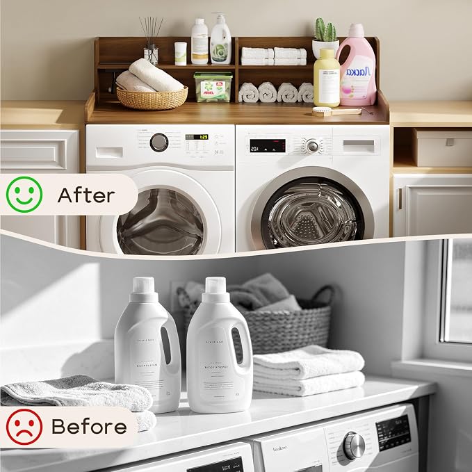 Washer Dryer Countertop with 2 Adjustable Shelves and Charging Station, 53.94" x 27.56" Laundry Countertop for Washer and Dryer, Laundry Room Storage Organizer, Walnut