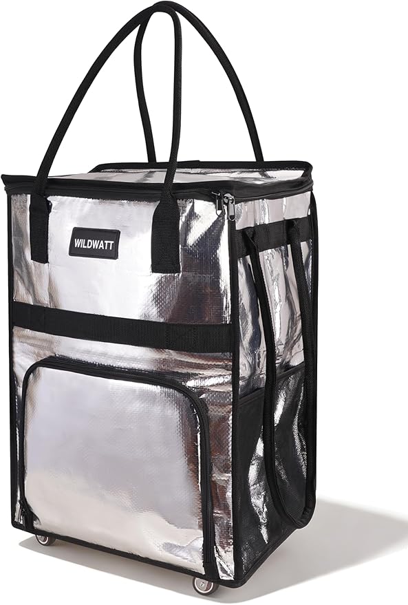 Reusable Rolling Shopping Bag with 5 Wheels, Foldable Grocery Cart Tote with Zipper, Lightweight Heavy-Duty Carry Bag Holds up to 66 lbs for Groceries, Laundry, Camping, Moving, Silver
