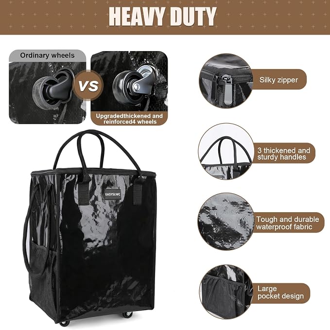 Large Reusable Hauler Rolling Tote Bag, Collapsible Portable 99L Shopping Bag Cart Tote Bag with Wheels for Groceries, Organization Bag, Heavy Duty Utility Bag with Wheels, Travel, Moving