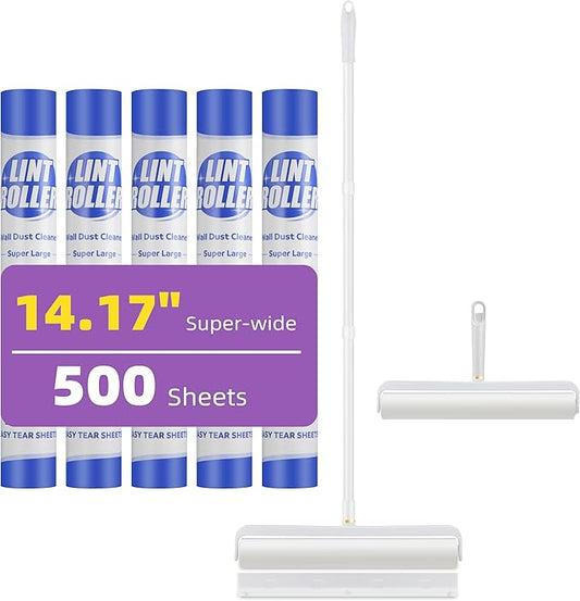 14.17" Extra-Wide Lint Roller Kit with 5 Refills & Dust Cover | Reusable Pet Hair Remover for Furniture, Car, Clothes | Extendable Handle (100 Sheets/Roll，Toyal 500 Sheets)