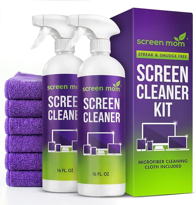Screen Mom Ultimate Screen Cleaning Kit - 2 Pcs 16oz TV Screen Cleaner Spray and 6 Pcs Microfiber Cloths TV Cleaner Spray and Cloth, Laptop, Phone, iPad, Car and Computer Cleaning Kit Electronic