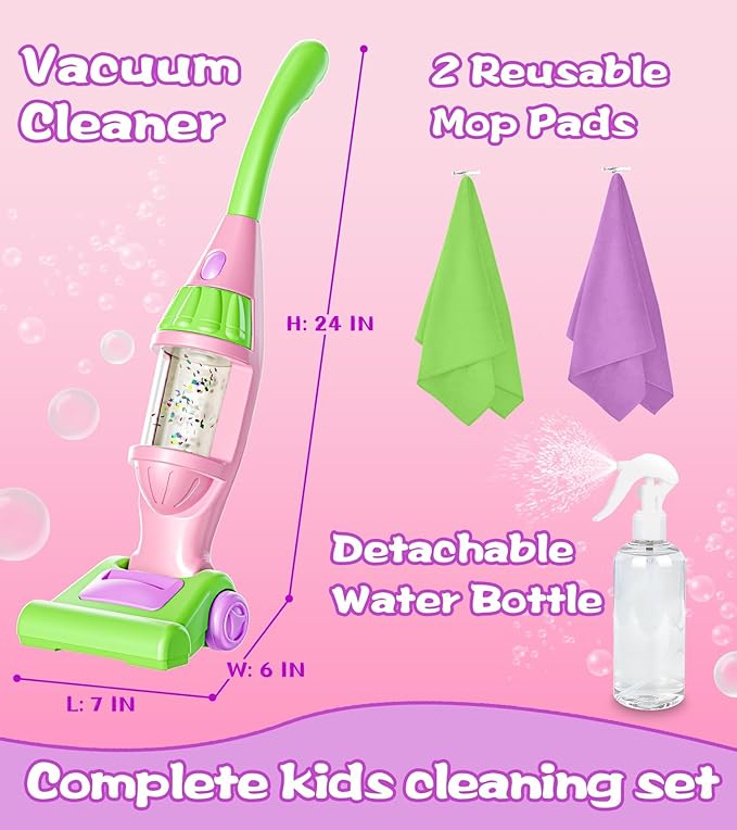 Toddler Vacuum Toy That Works with Lights & Sounds, Pretend Play Toy Vacuum for Toddlers 3-5 Years Old, Baby Vacuum for Boys, Girls, Kids Vacuum Cleaner Cleaning Toys with Spray Bottle, 2 Towels