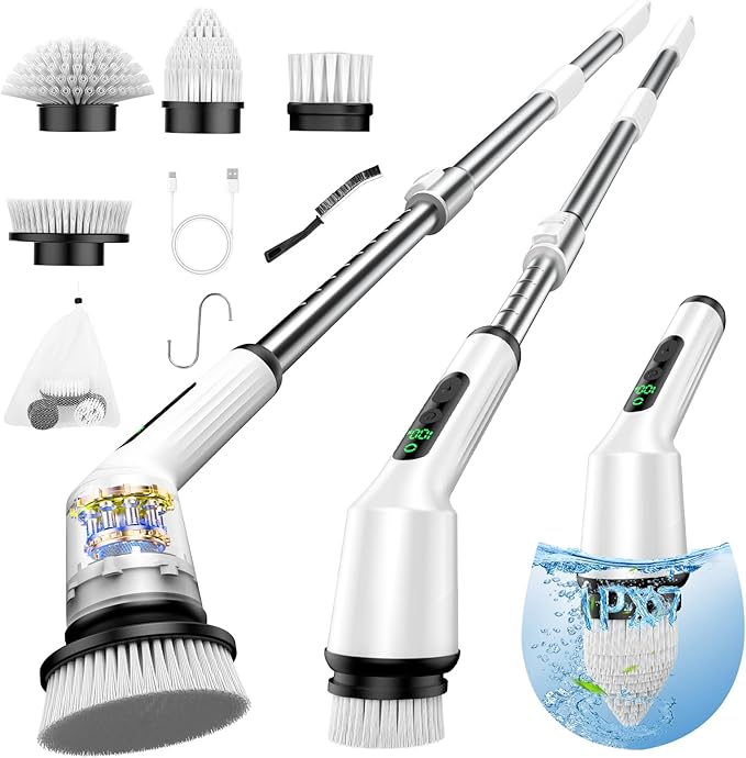 Electric Spin Scrubber for Cleaning Bathroom, Shower Scrubber Cordless Cleaning Brush with IPX7 Waterproof & 2 Speed, 8 in 1 Cleaning Brush Cleaning Supplies for Shower Tub Kitchen Tile Toilet White