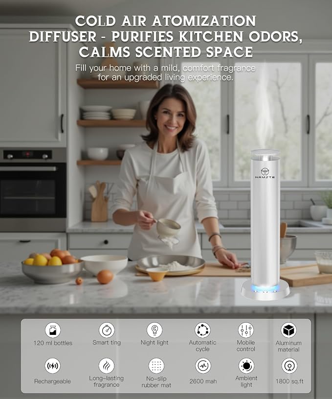 Wireless Scent Machine,1800 Sq.Ft APP Control LED Light Ultra Quiet | Waterless Cold Air Aromatherapy Diffuser, Button Control, Sleek Silver Design, for Modern Home & Bedroom