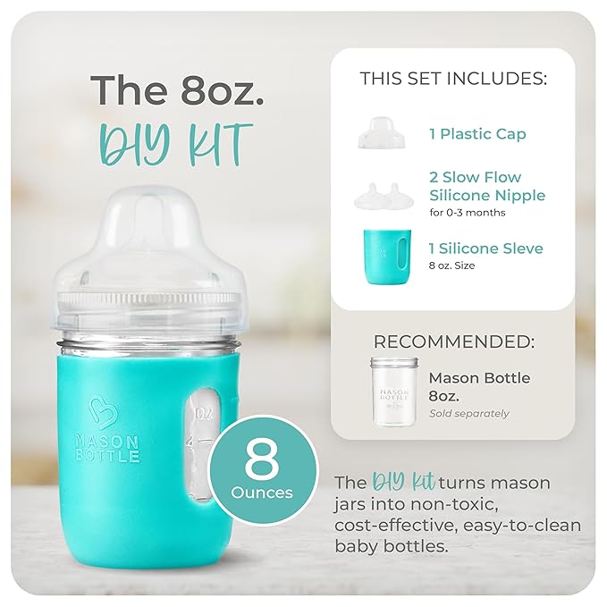 Mason Bottle Glass Baby Bottle DIY Kit – Fits 8oz Mason Jars – Includes 2X Slow Flow Nipples, Silicone Sleeve, and Cap (Ring, Lid, and Jar Not Included) – Made in USA