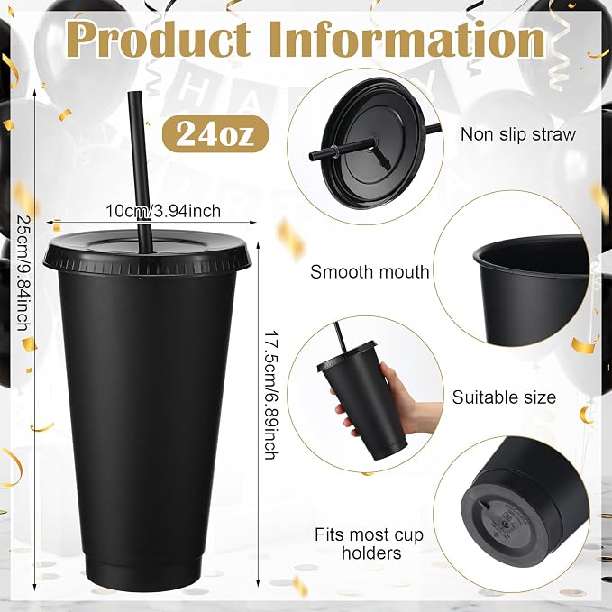 Honeydak 150 Pack Tumbler with Straw and Lid Bulk Cups for Gifts Water Bottle Iced Coffee Travel Mug Cup Reusable Plastic Tumblers for Party Birthdays 24-27 oz (Black Color)