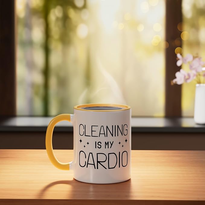 Neat Freak I Cleaning Is My Cardio I Neat Freak Ceramic Mug, Yellow/White