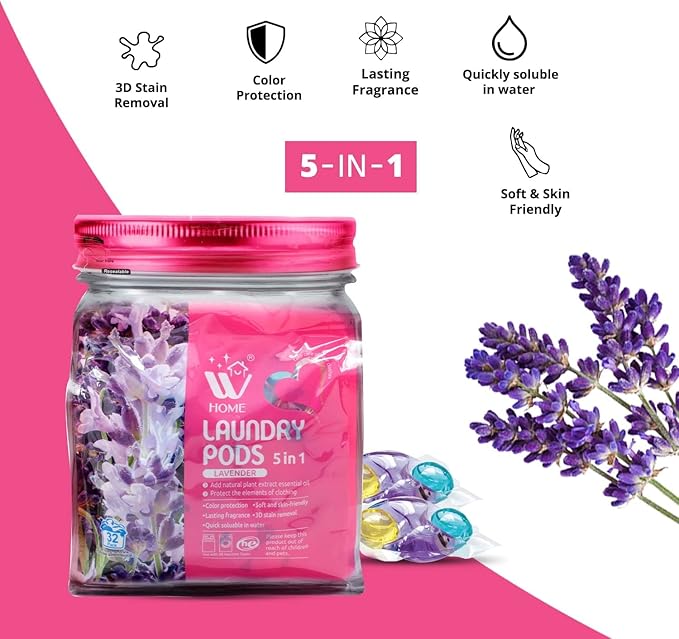 Natural Solution 5-in-1 Laundry Pods, Fabric Softener with Lavender Extracts, High Efficiency Detergent Pods with Powerful Stain Lifter Technology - 32 Count Bag (Pack of 2)