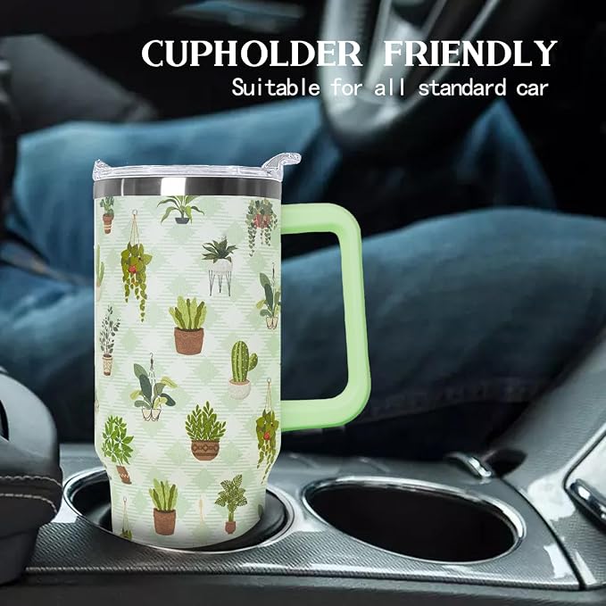 Ceovfoi 40oz Cactus Themed Insulated Tumbler with Handle, Coffee Mug Water Bottle with Lid Straw, Botanical Decor & Plant Enthusiast Gifts