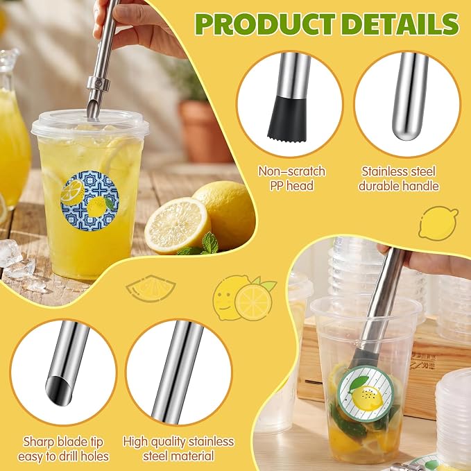 Yungyan 25 Sets Lemonade Cups with Lids Straws 32 oz Clear Plastic Cups Include Lemon Slicer, Muddler, Straw Puncher, Stickers and Straw Brush Summer Lemonade Stand Supplies Kits for Lemon Bar