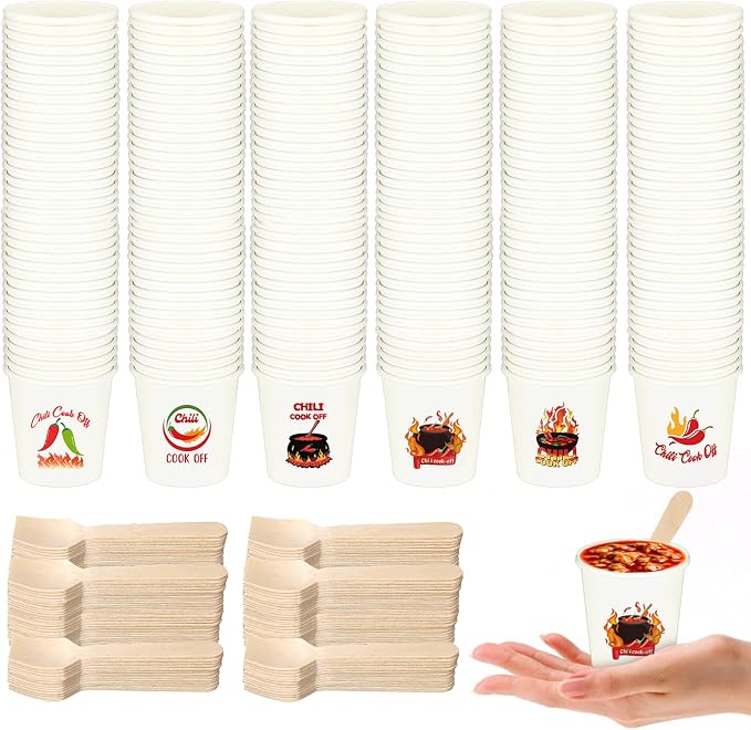 600 Pcs 5 oz Chili Cook off Party Decorations Include 300 Pcs Disposable Paper Chili Tasting Cups and 300 Pcs Wooden Spoons for Chili Cook off Decorations Party Supplies