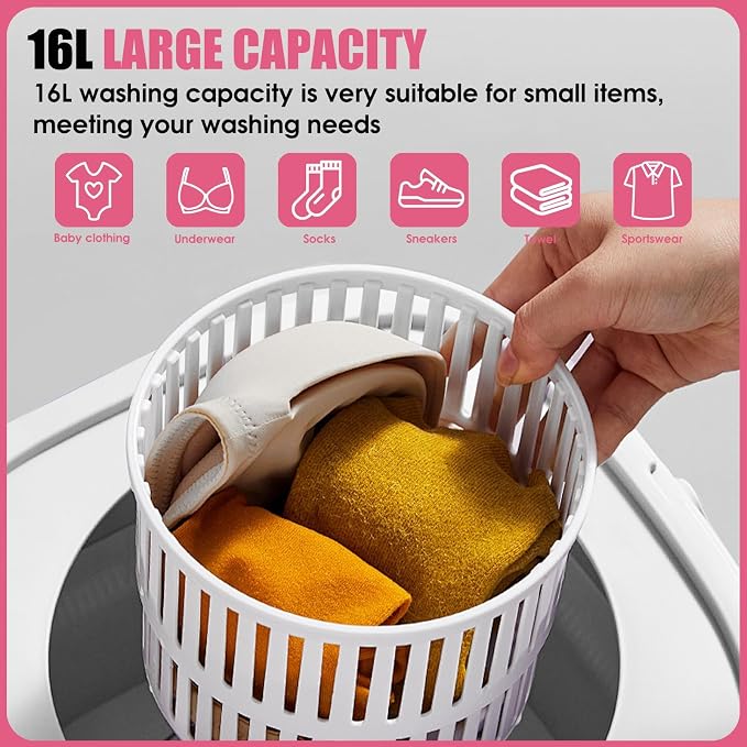 Portable Washing Machine 16L Mini Laundry Washer 3 Modes with Spin Basket Laundry Machine Cleaning Depth Underwear,Baby Clothes Small Shirt for Apartments Dormitories Hotels and Camping (pink)