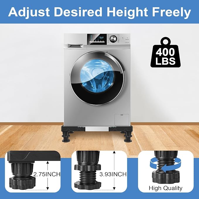 Mini Fridge Stand with Silicone Mat, Adjustable Height 4.1-5.1" Washer and Dryer Stand Base with 24"x24" Silicone Drip Tray Mini Refrigerator Stand Base for Furniture Portable Appliance Pedestal Black