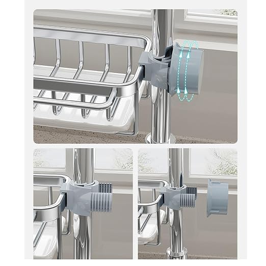 Kitchen Sink Faucet Organizer, Left Sponge Holder Over Faucet Sink Caddy with Drip Tray, Detachable Hanging Faucet Drain Rack for Scrubbers, Soap, Bathroom, Fits 0.7-1.1in Round Pipe (Silver)