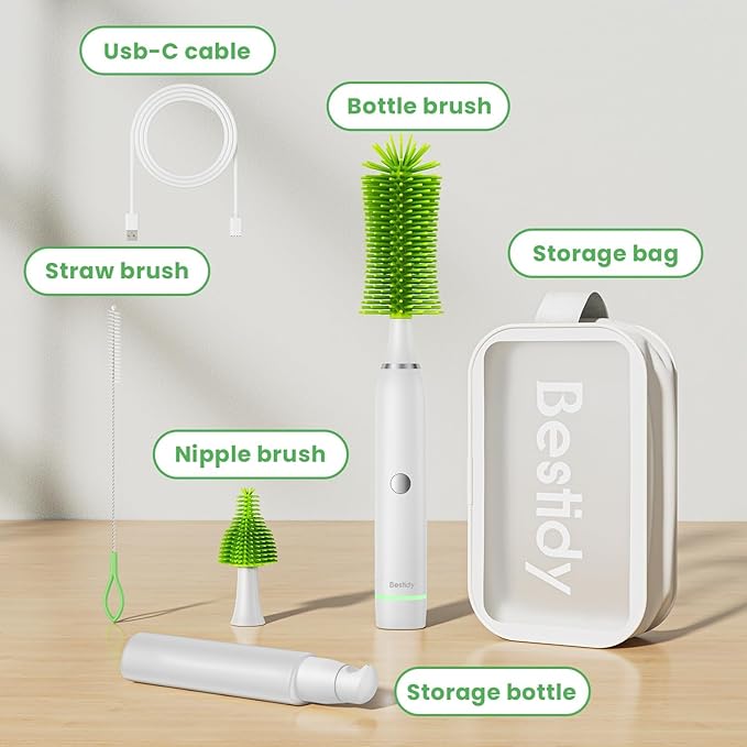 Bestidy Electric Baby Bottle Cleaner Kit for Travel- Rechargeable 360° Rotation Electric Baby Bottle Brush with Replaceable Nipple/Straw Brush, 2-Speed Modes, 50ml Lotion Bottle & Storage Bag