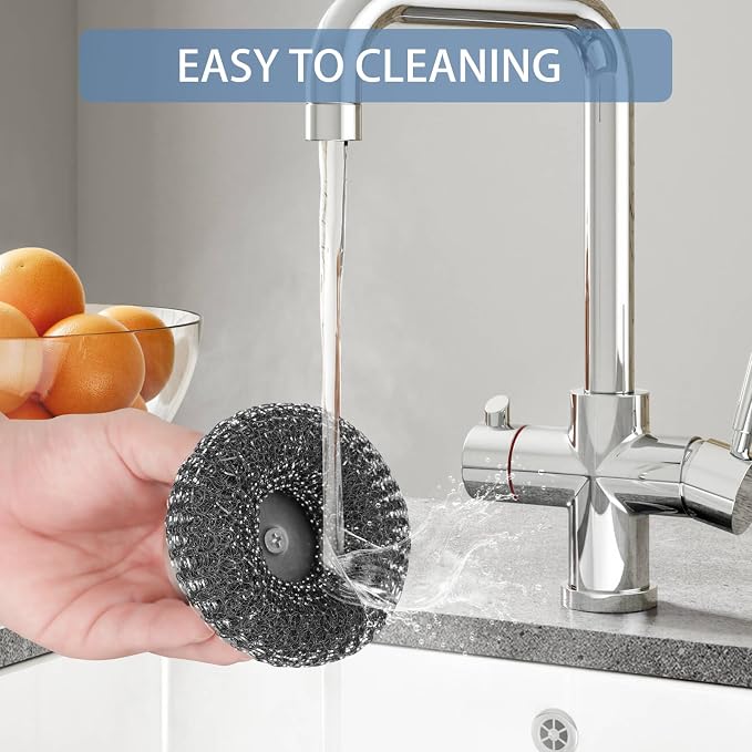 4Pcs Steel Wool Scrubber Set, Stainless Steel Scrubber with Stainless Steel Handle, for Cleaning Dishes, Cast Iron, Stock Pots, Pans, Griddles, Grills