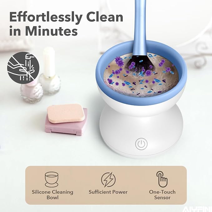 Alyfini Makeup Brush Cleaner Machine + Cleanser Solution Combo, Powerful for Tough Residue on Make Up Brushes/Sponges/Puffs